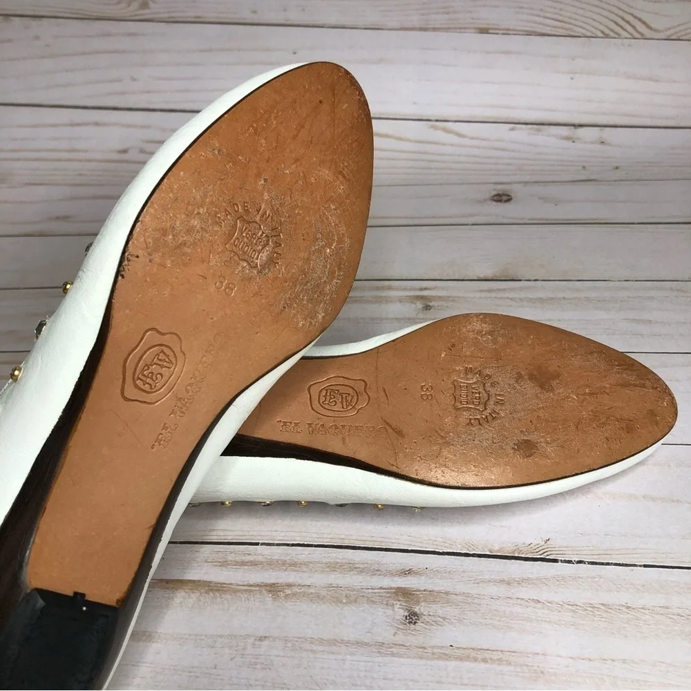 El Vaquero Vintage Rhinestone Studded Leather White Flats/Low Heels Sz 38 - Picture 13 of 14